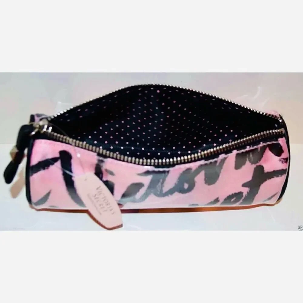 Nwt Victoria's Secret Signature Pink White Case Cosmetic Makeup Dots Lined Bag